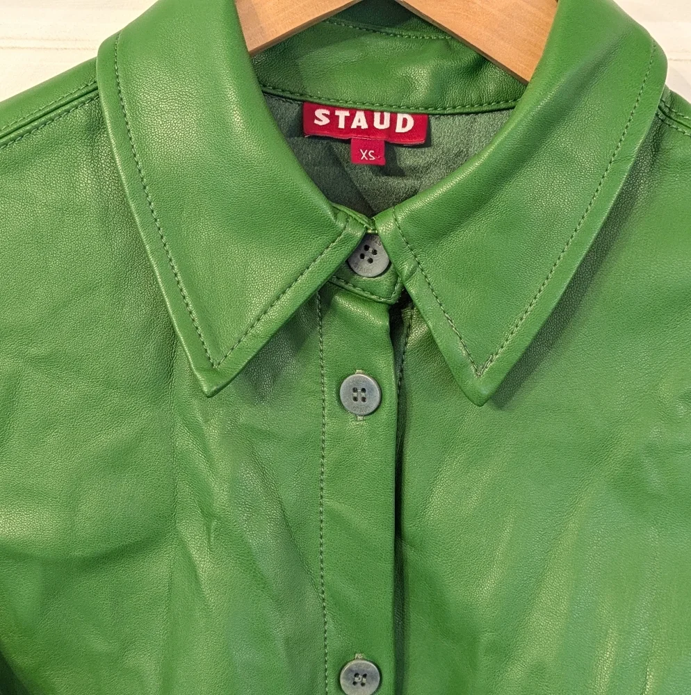 STAUD Dress Womens XS Blaze Belted Faux Leather Green Mini Shirt Dress Dopamine - Picture 7 of 9